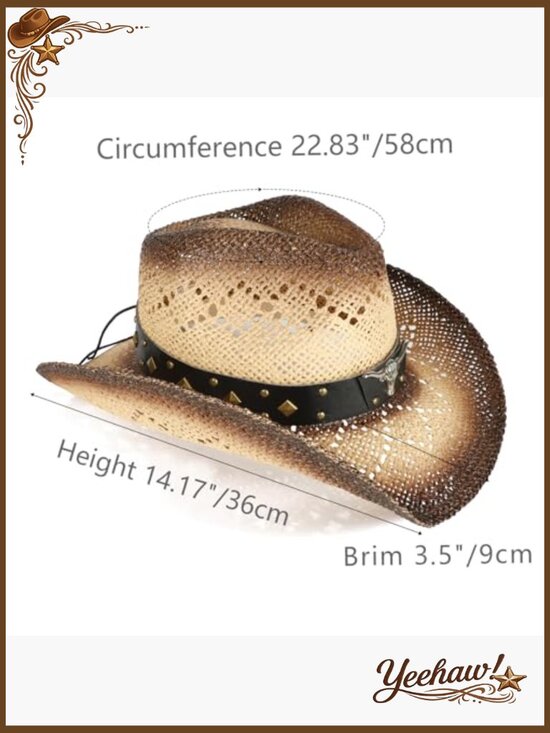 Straw Cowboy Hat with 3 Decorative Bands, One Size Fits Most Adults